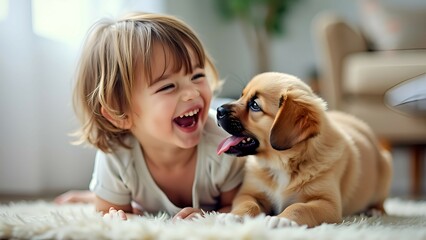 Pet and Child Bonding A child giggling as they play with a puppy, highlighting the special bond between kids and pets.