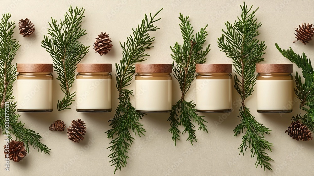 Canvas Prints   A group of candles on a table with pine cones nearby and one pine cone atop the table