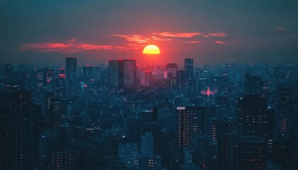 Fototapeta premium Stunning sunset over a vibrant city skyline illuminated by evening lights