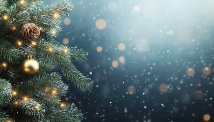 Snow gently falls on a beautifully decorated Christmas tree in a festive setting