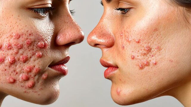 Two faces facing each other, one with acne and one with clear skin, showing the difference in skin condition