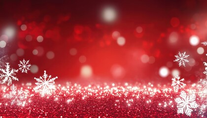 Red and white winter wonderland background with shimmering snowflakes and glitter