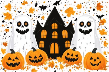 Cute ghost and jack o&rsquo; lantern illustrations with bats and confetti set against a white background evoking a fun and whimsical Halloween celebration with bold festive colors