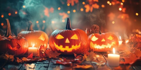 Fototapeta premium Orange pumpkin with light.