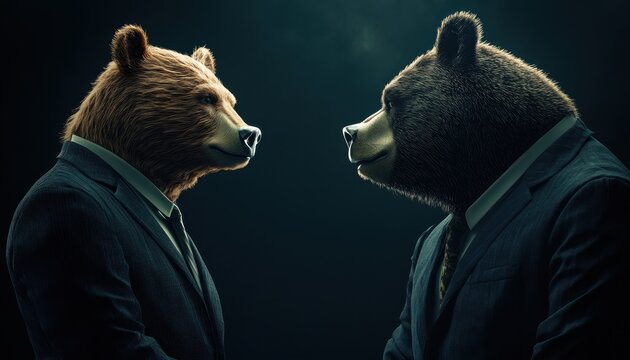 Two bears in suits have a serious discussion in a dim meeting