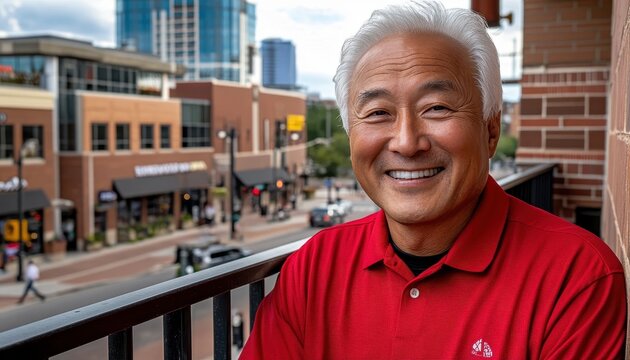 Smiling older man on balcony overlooking urban street in daytime - Powered by Adobe