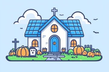 Fototapeta premium Cute illustration of a white church with a graveyard and jack o’ lanterns outside set against a clear blue sky creating a peaceful whimsical Halloween scene with soft bright colors