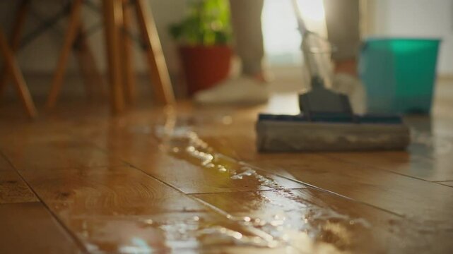 A person is mopping a wooden floor in a sunlit room. Water glistens on the surface, reflecting warm light, creating a serene and clean atmosphere in a home