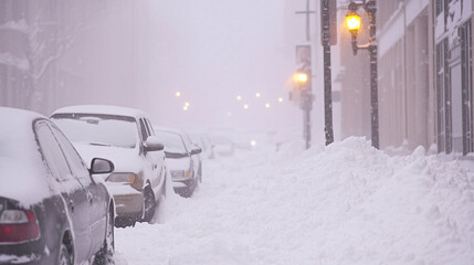 Snow-covered city street with parked cars during heavy snowfall


