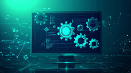 Naklejka premium This image shows a computer screen with gears on it. It represents how software can automate tasks in businesses and factories to make things work better.
