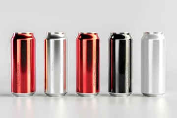 Aluminum slim cans in various colors: silver, white, black, and red, isolated on a white background, 3D illustration for beer can mockup templates