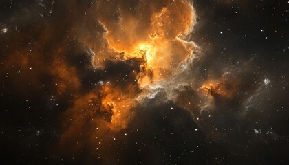 Obraz premium A vibrant cosmic nebula illuminated by orange and yellow hues against a dark backdrop