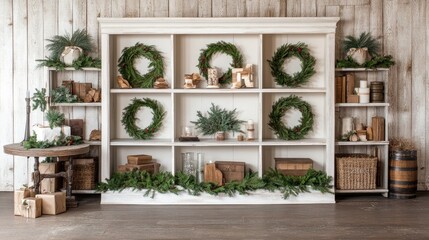 A beautifully decorated white wooden wall showcases a festive atmosphere with candles, greenery, and holiday decor, creating a warm ambiance