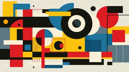 Abstract geometric Bauhaus poster with circles, squares, and triangles. Primary colors and clean lines. Minimalist design. Vector art