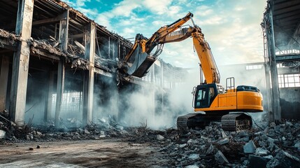 A dynamic view of a demolition crew dismantling a derelict industrial structure, Demolition site scene, Controlled and strategic style