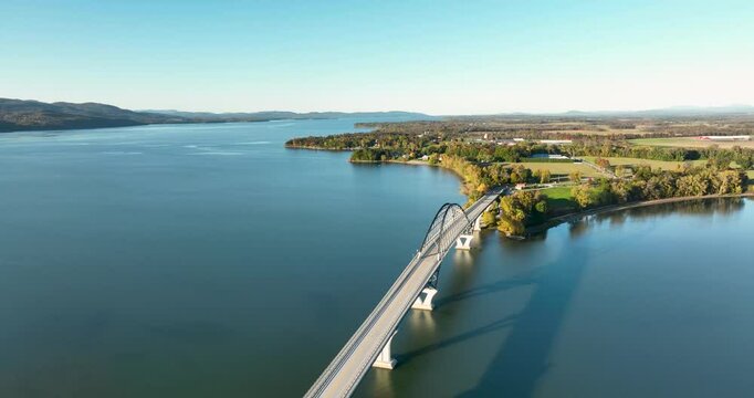 Aerial view of the Lake Champlain Bridge connecting Crown Point, New York, to Vermont.