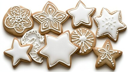 Obraz premium An assortment of gingerbread cookies in white and brown colors arranged artistically, creating a festive and inviting display on a light grey surface