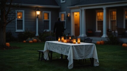 A man walks towards a house with a candlelit table set for dinner in the backyard.