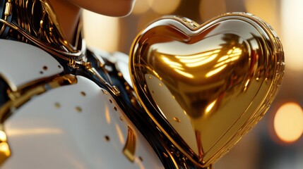 Cybernetic Valentine's Day. android with big golden heart .golden details, soft lighting,