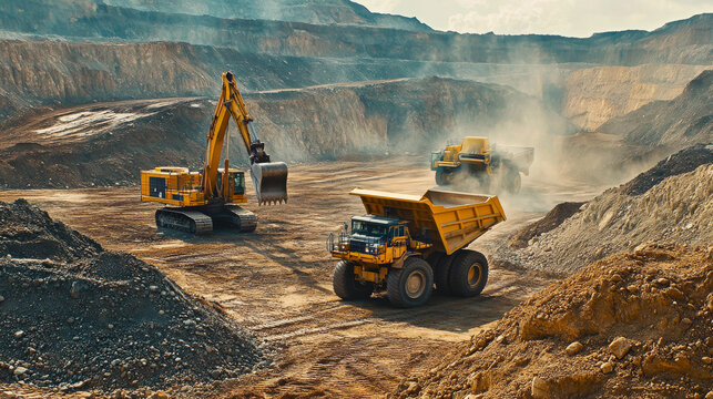 Trucks and an excavator working in a large, open pit gold mine. The image is slightly blurry.