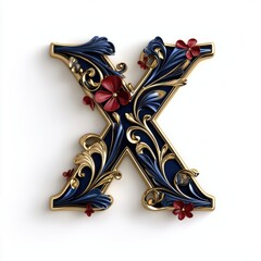 Elegant 3D Letter X in Gold and Navy with Floral Design