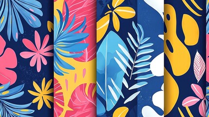   A vivid array of hues, including blue, pink, yellow, and purple, adorns a serene blue backdrop featuring blossoms and foliage