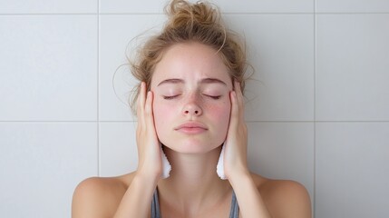 Obraz premium Close-up of woman holding head, relaxed pose, closed eyes, natural look, casual hairstyle, white tiled wall, peaceful and serene minimalist portrait