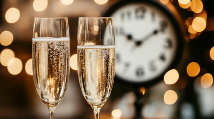 Two glasses of bubbly champagne clink together on a festive New Year's Eve table, with a blurred clock and twinkling lights in the background.
