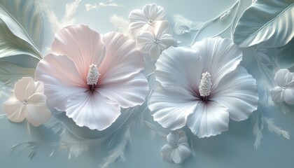 Delicate pastel hibiscus flowers bloom gracefully in serene botanical art display