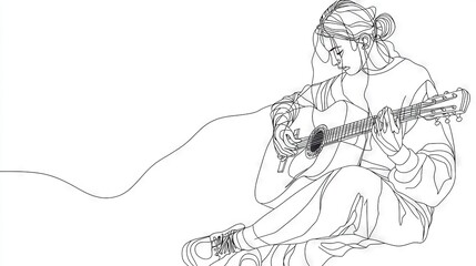 Fototapeta premium A black-and-white illustration depicts a lady strumming a guitar, with her legs wide open and a string positioned in front of her
