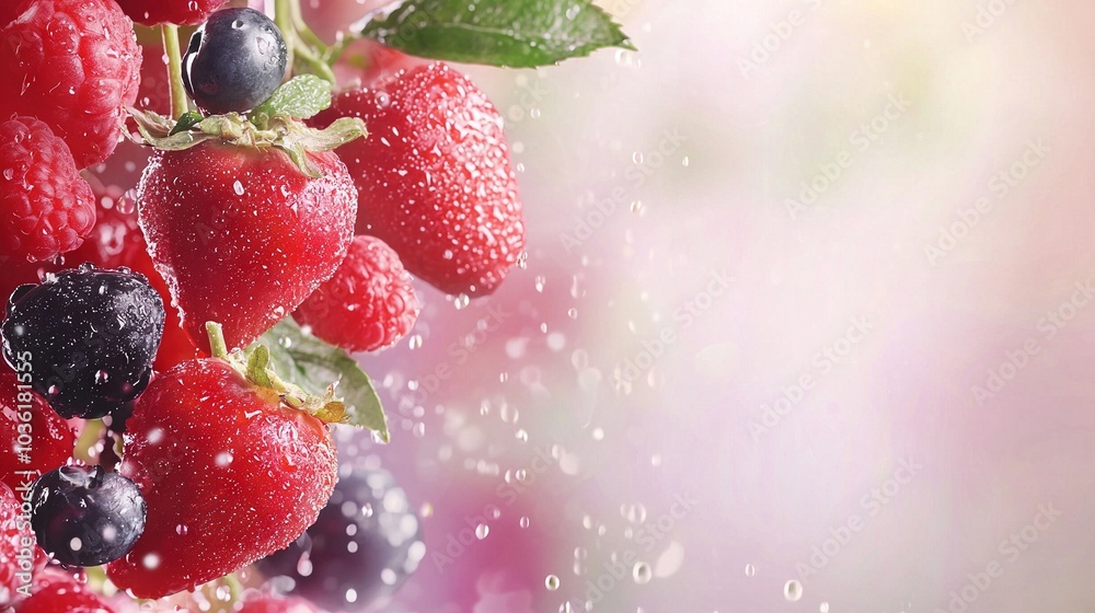 Poster   A close-up of juicy berries on a branch with droplets of water splashing onto them