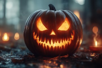 Fototapeta premium Creepy grinning jack o lantern pumpkin with burning candle inside. Flaming face scatters fire and sparks against gloomy background. Halloween template with copy space for banner, poster, greeting card