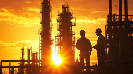 Two workers, an engineer and a foreman, are silhouetted against the setting sun as they work at an oil refinery.