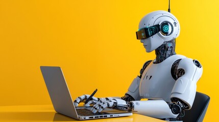 A humanoid robot working on a laptop against a bright yellow background.