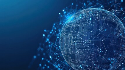 A digital globe with interconnected lines and nodes, symbolizing global connectivity and technology.