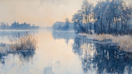 Fototapeta premium A water scene with trees, grass, and misty sky