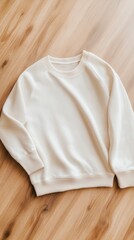 Cream-colored sweatshirt on wooden floor exudes cozy and minimalist style, AI