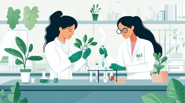 Women scientists in a lab are studying plants for medical and environmental purposes. They use biotechnology and chemistry to find new ways to help people and protect the environment.