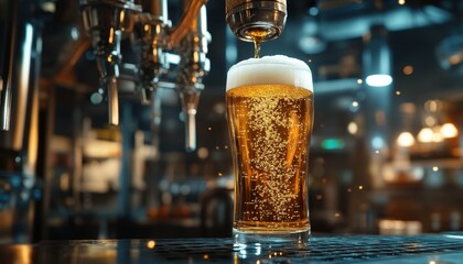 Pouring a cold pint of golden beer at a busy pub in the evening