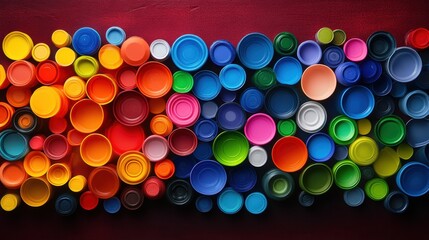 Colorful Plastic Bottle Caps Art on Red Background
