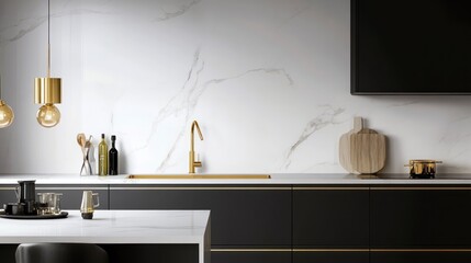 Modern kitchen featuring sleek design, marble accents, and elegant accessories.