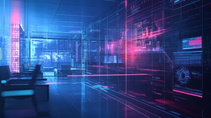 A futuristic office space with digital interfaces and vibrant lighting.