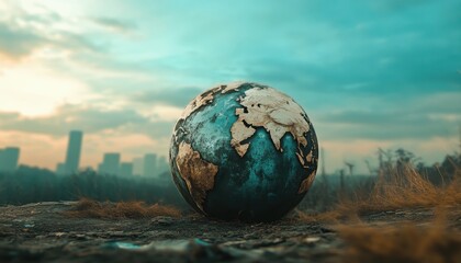 Globe on rocks with a sunset city skyline in the background