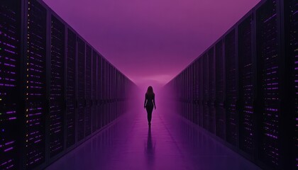 A woman walks through a dimly lit data center illuminated in purple hues