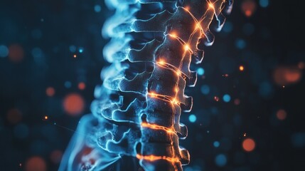 A digital illustration of a human spine with glowing elements, emphasizing anatomy and health.
