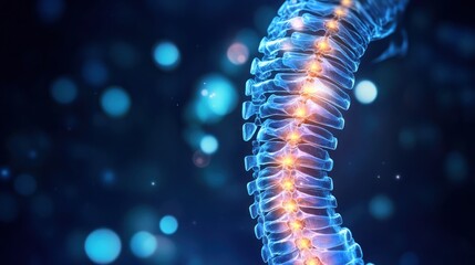 A digital illustration of a spine with glowing vertebrae against a blue bokeh background.