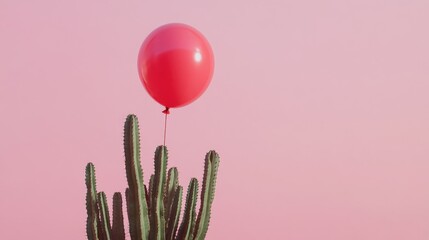 A red balloon lands on a cactus needle against a pink backdrop symbolizing danger or protection