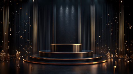 A glamorous stage setup with golden accents and a dark backdrop, ideal for events or performances.