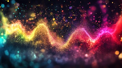 A vibrant, colorful wave of particles representing sound or energy.