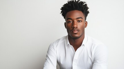 Fototapeta premium Attractive African American male model posing against a white backdrop